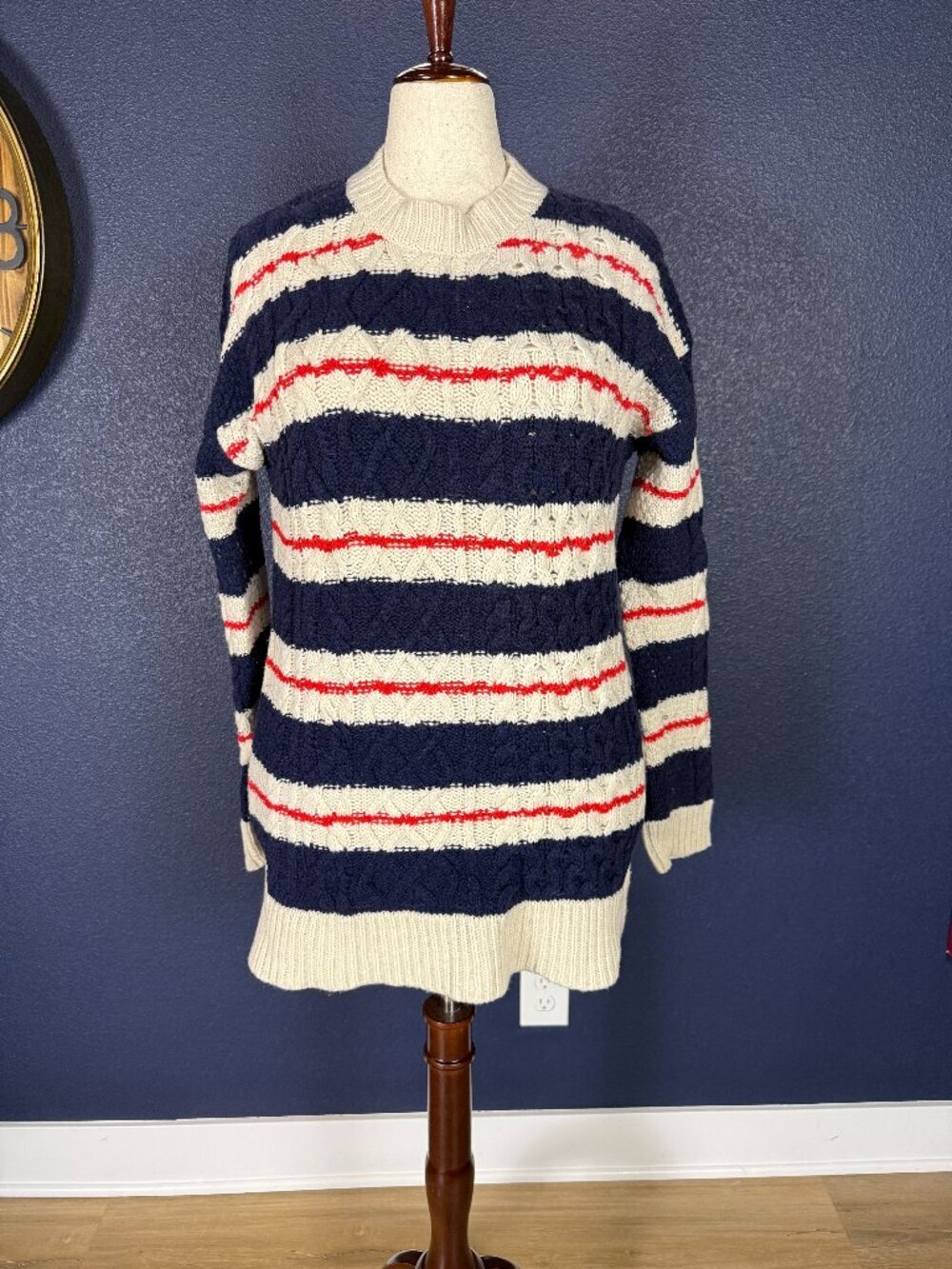J.Crew Navy Cream Red Striped Cable Knit Merino Wool Crewneck Sweater | L